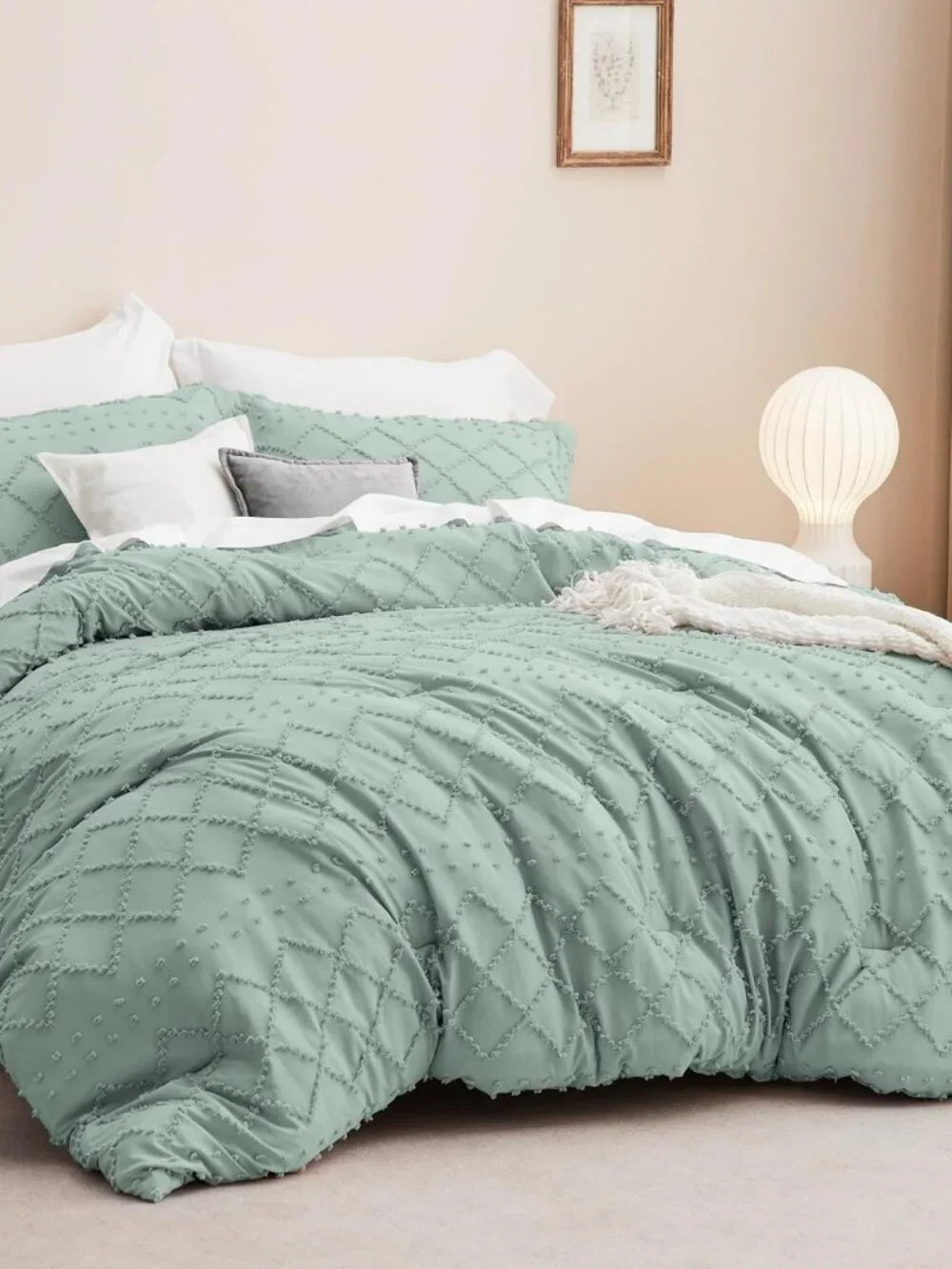 Twin Comforter Set - Sage Green Comforter, Boho Tufted Distressed Vintage Beddin